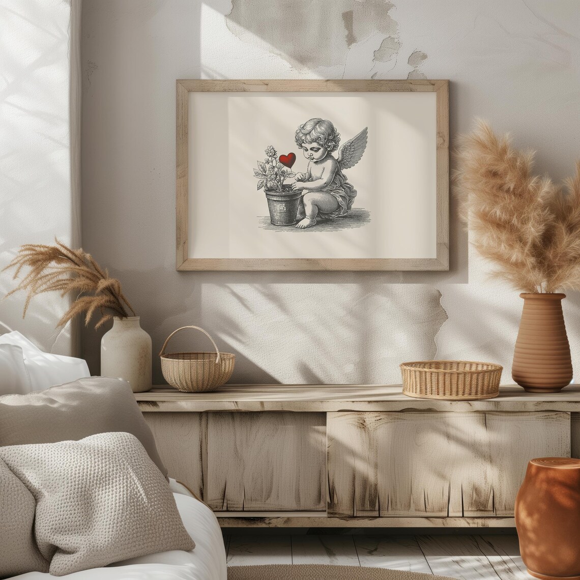 Vintage Cherub Planting Red Heart Flower Romantic Valentine Wall Art - Image 4
