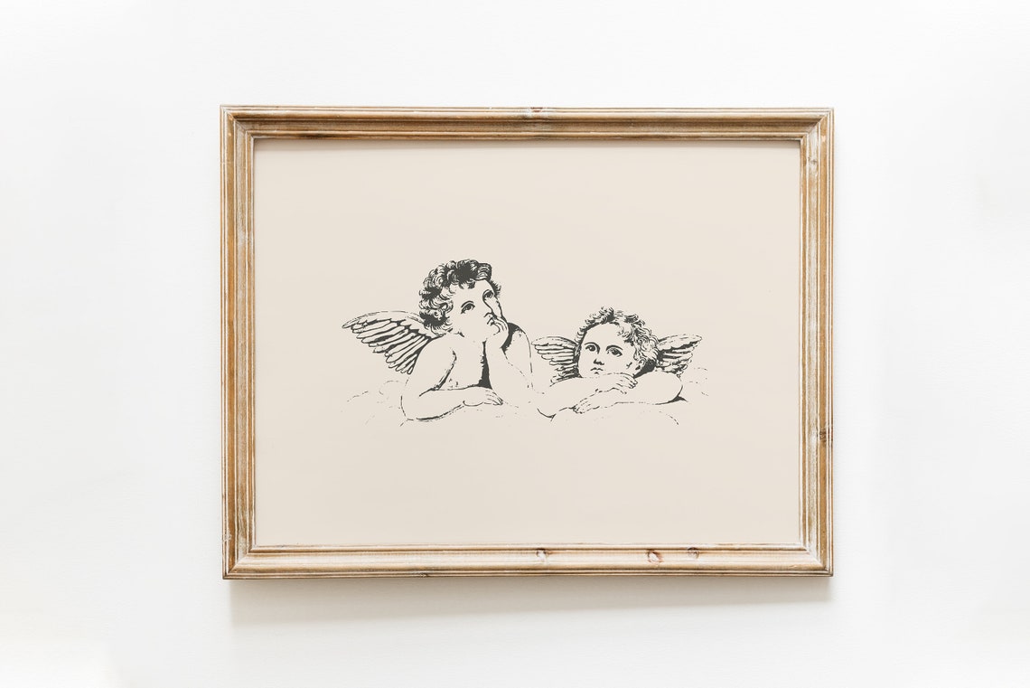 Two Cherubs Resting Vintage Angel Drawing Antique Romantic Art Poster