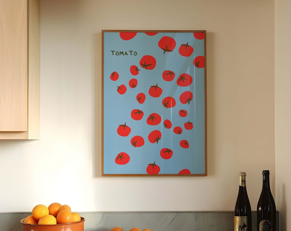 Tomato Red Fruit Pattern Bright Blue Background Kitchen Art Poster - Image 5