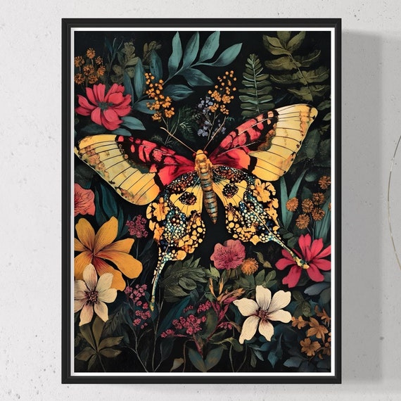 Butterfly Art Print Botanical Floral Artwork Modern Nature Inspired Wall Art Nature Insect Drawing Vintage Flower Painting Gift For Home