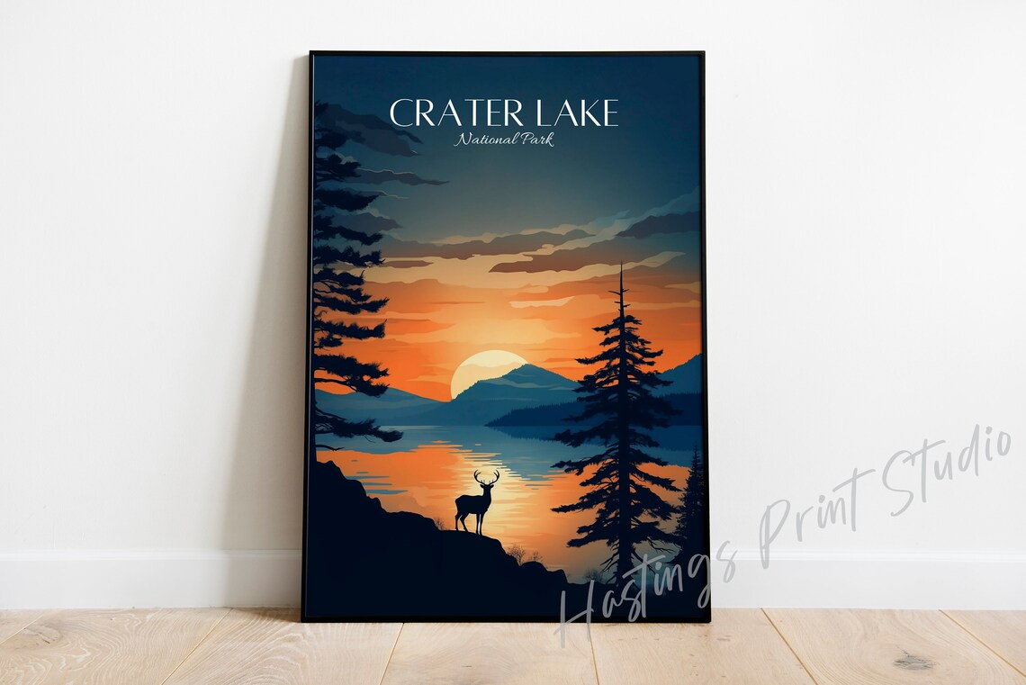 Crater Lake National Park Sunset Deer Lake Vintage Travel Poster