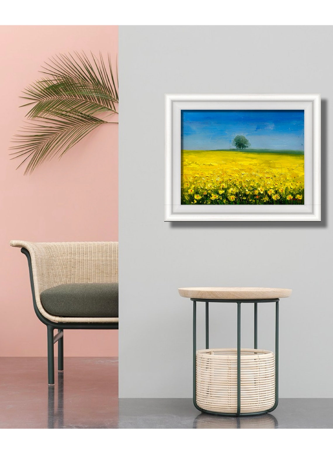 Bright Yellow Rapeseed Field With Lone Tree Under Blue Sky Poster - Image 2