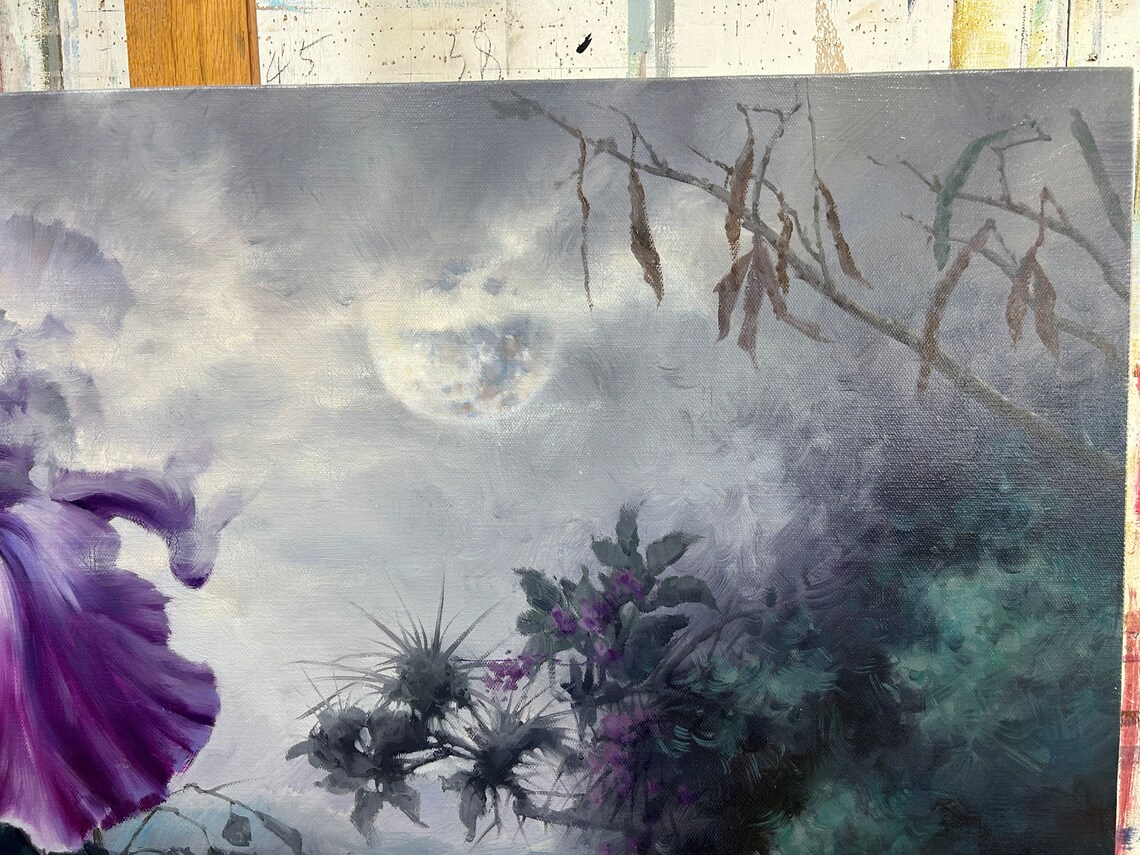 Reclining Nude Woman With Giant Purple Iris Flower Oil Painting Print - Image 3