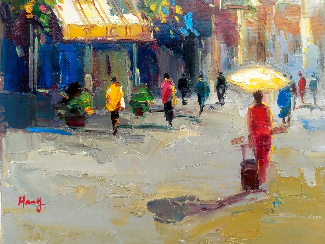 Busy Sunny Street Market Cafe People European Square Scene Poster - Image 2