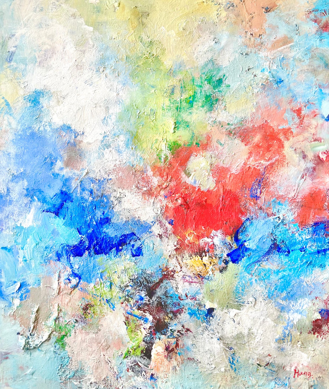 White Blue Coral Abstract Bold Red Splash Modern Canvas Art Print