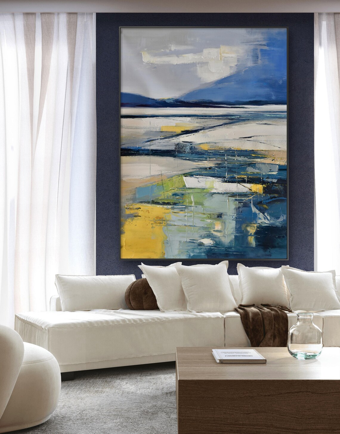Abstract Blue And Gold Lakeside Landscape Modern Oil Painting Print - Image 3