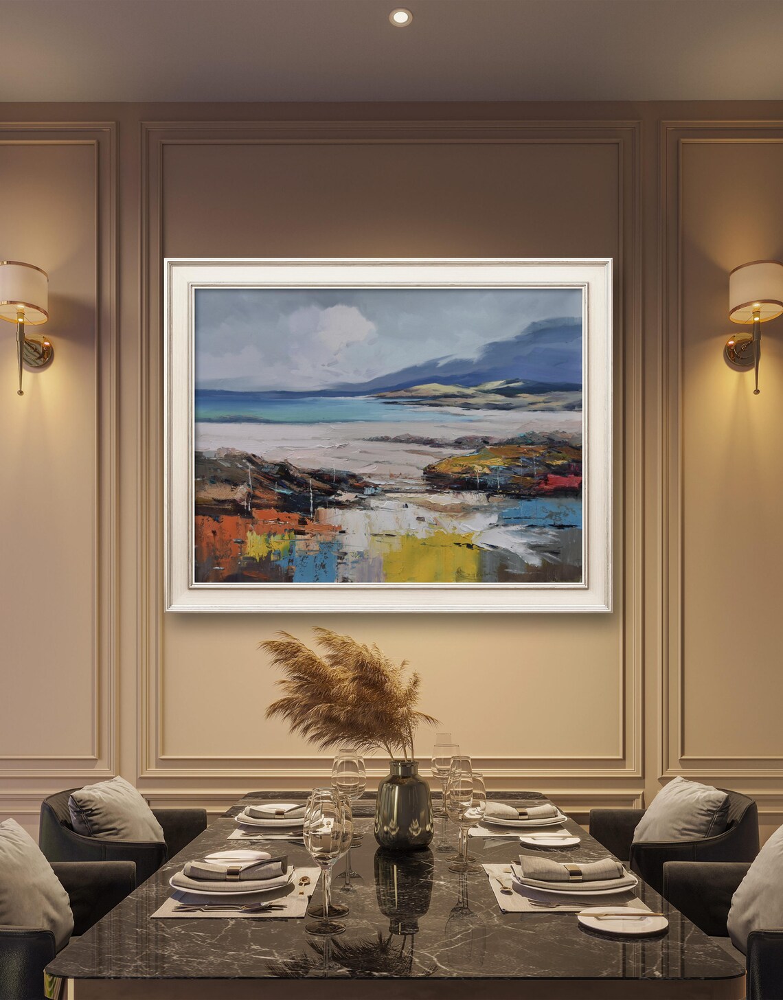 Abstract Coastal Seascape With Mountains Blue And Gold Oil Poster - Image 2