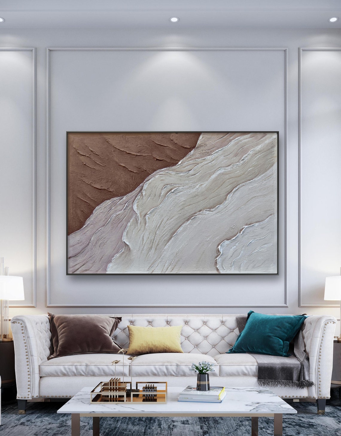 Minimalist Brown And White Textured Wave Abstract Painting Print - Image 2