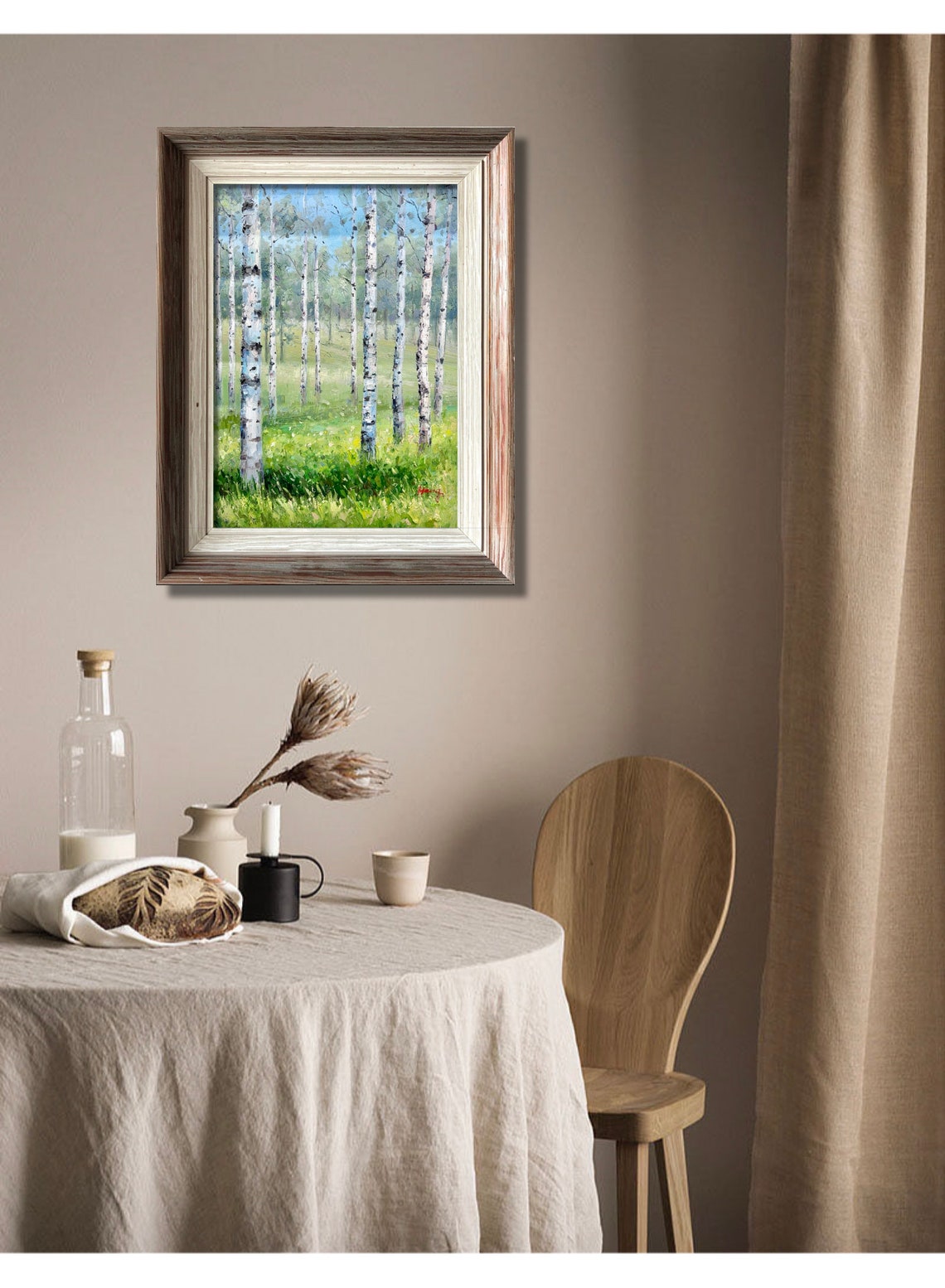 White Birch Forest In Spring Green Meadow Landscape Oil Poster - Image 3