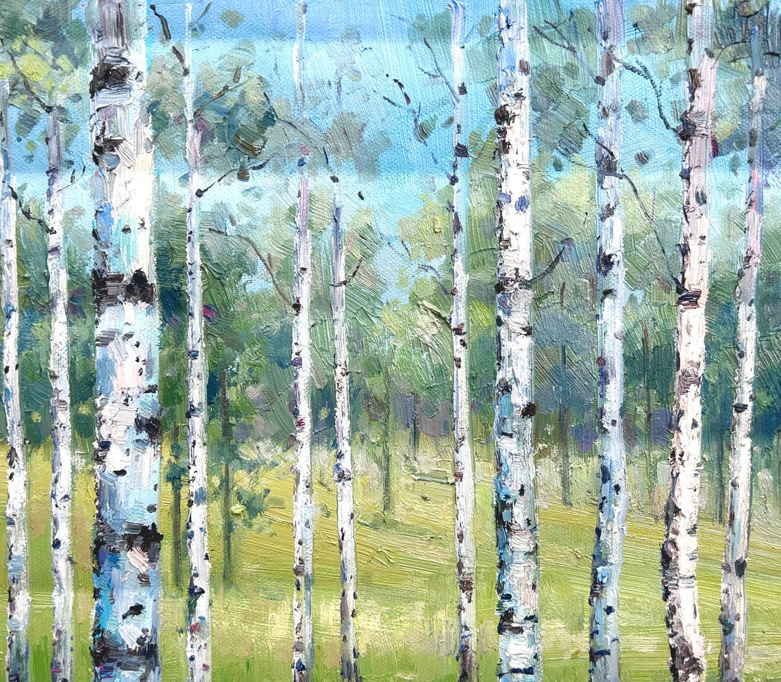 White Birch Forest In Spring Green Meadow Landscape Oil Poster - Image 5