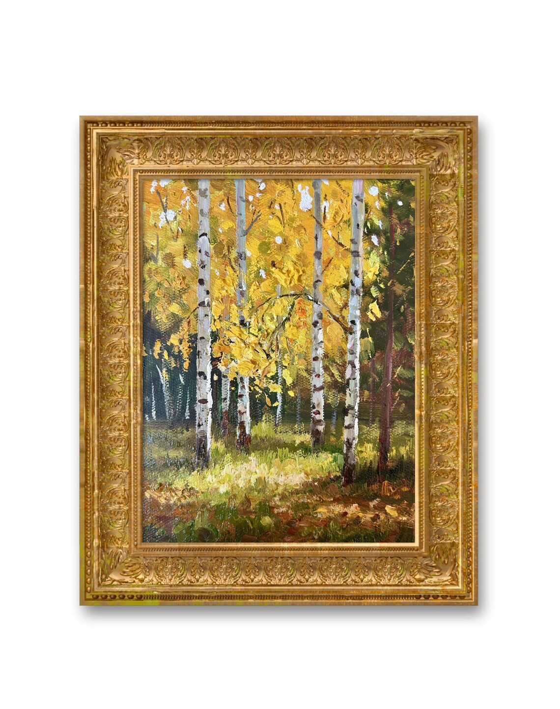 Autumn Birch Forest Oil Painting Golden Light Fallen Leaves Poster
