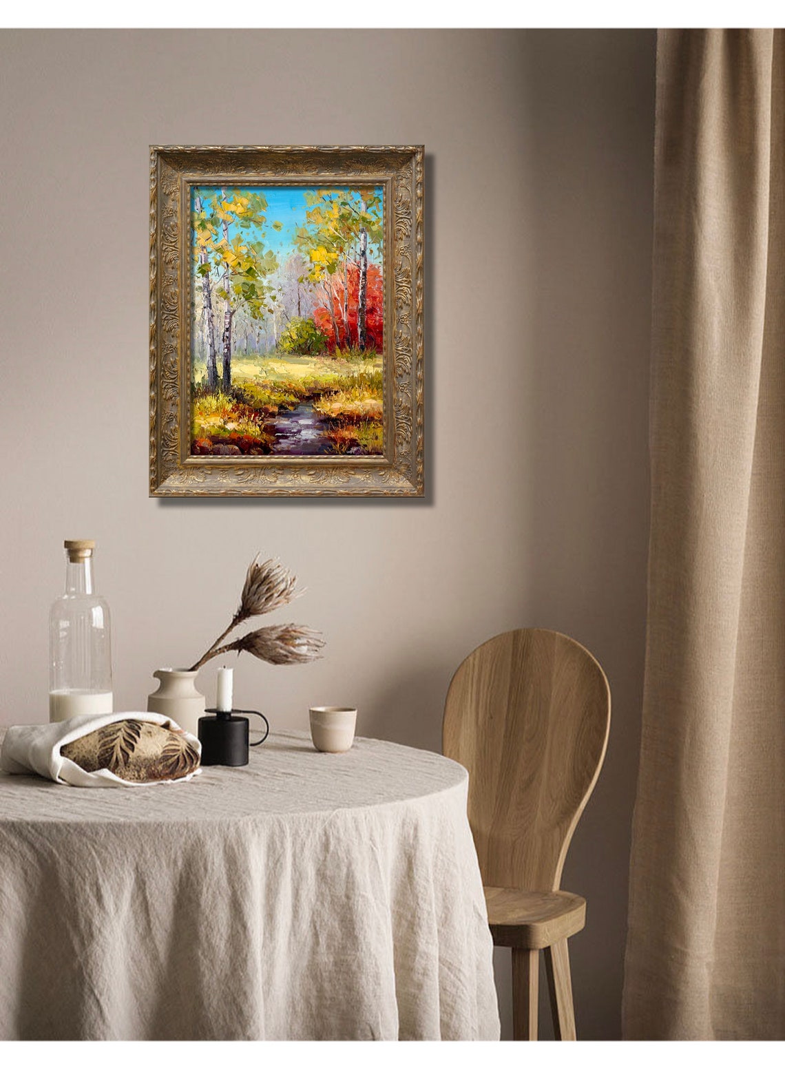 Autumn Birch Forest Stream Golden Leaves Landscape Oil Poster - Image 2