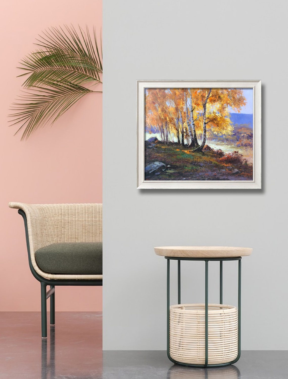 Golden Autumn Birch Trees Forest Misty Hillside Landscape Poster - Image 4