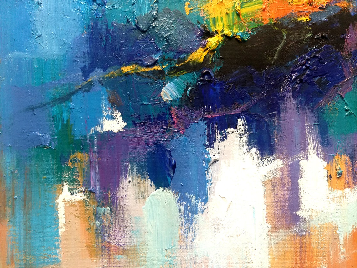 Blue Gold Abstract Palette Knife Impasto Texture Modern Art Print - Image 4