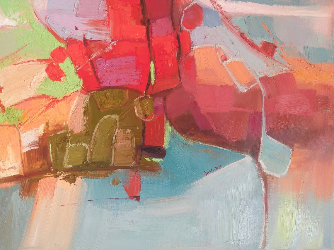 Red Green Pastel Abstract Brushstroke Modern Canvas Art Print - Image 2