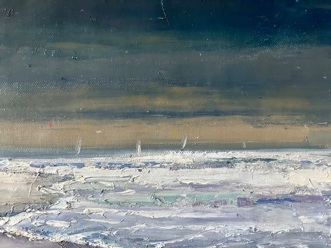 Moody Beach Waves At Dusk With Sailboats Seascape Oil Painting Poster - Image 5