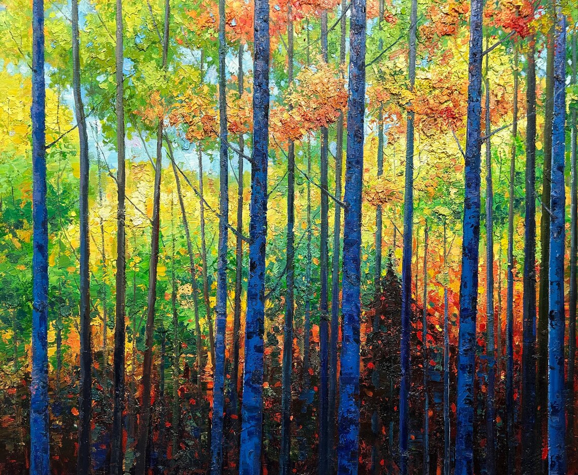 Autumn Birch Forest Oil Painting Blue Trunks Golden Canopy Poster - Image 3