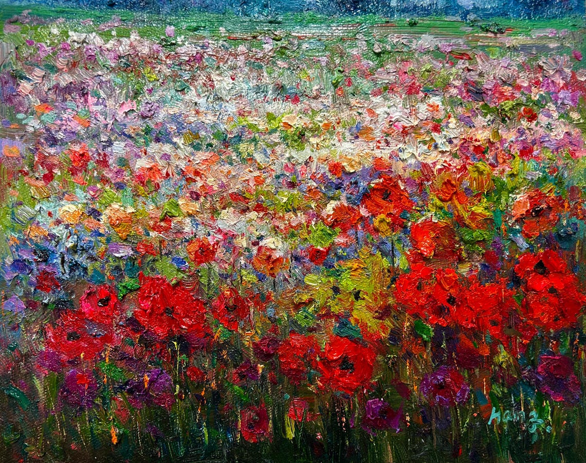 Red Poppy Field Oil Painting Summer Blooms Cloudy Sky Nature Poster - Image 3