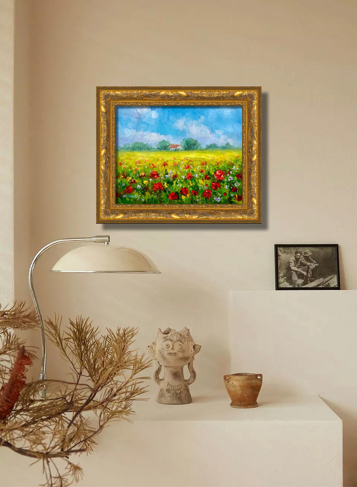 Red Poppies In Summer Field With Farmhouse Blue Sky Oil Poster - Image 3