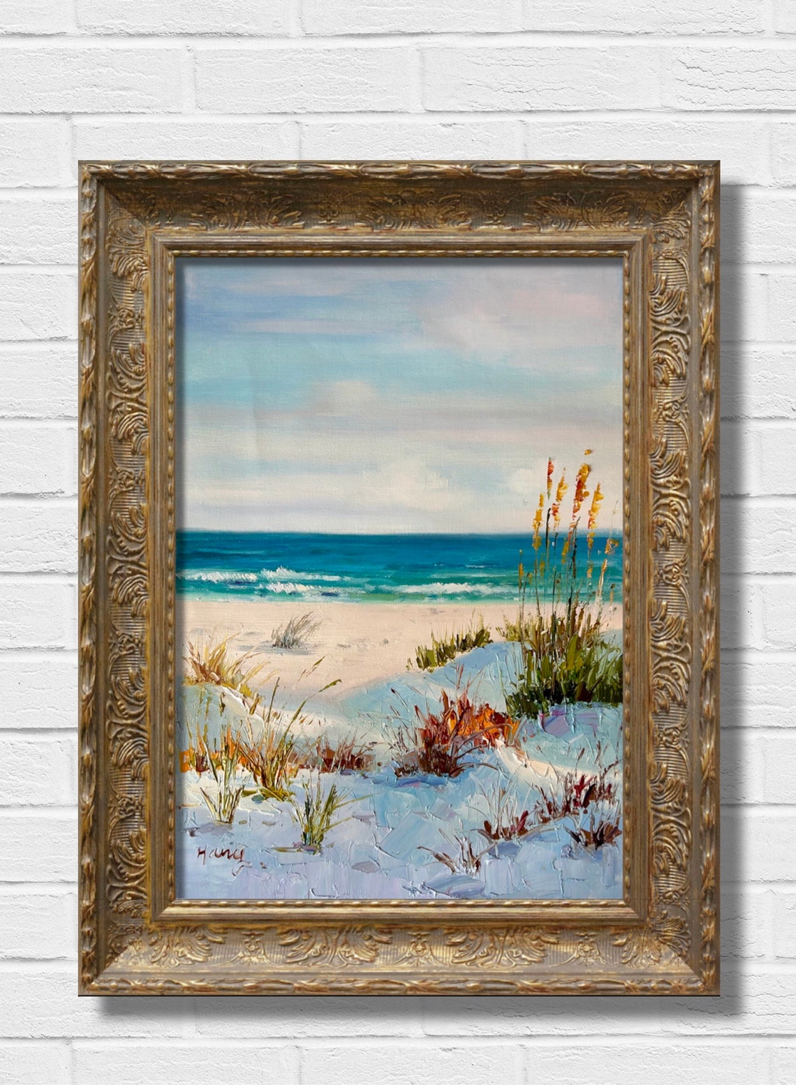 Sunny Beach Dunes Turquoise Ocean Seaside Landscape Oil Poster