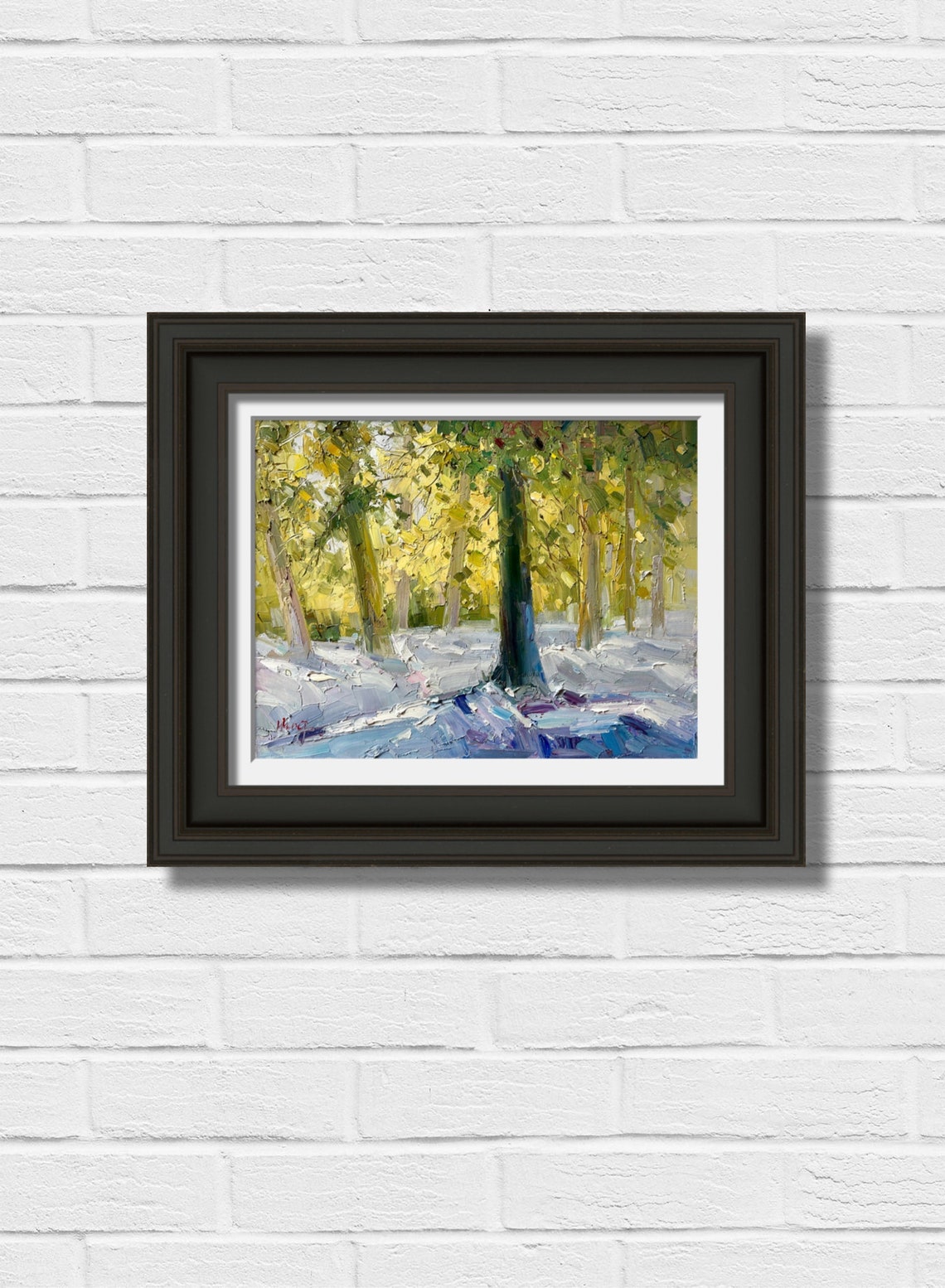 Winter Forest Snowy Ground Golden Light Tall Trees Oil Poster