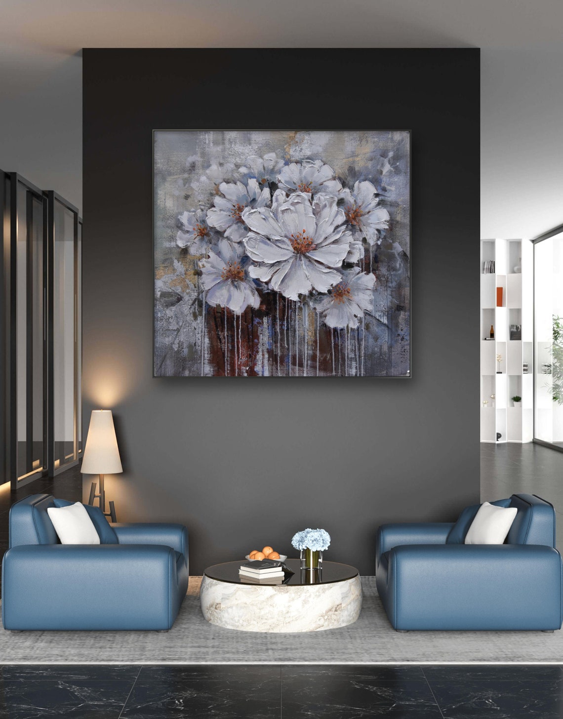 White Flowers With Gold Drips Modern Abstract Floral Painting Print - Image 4