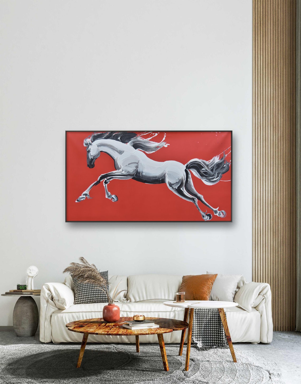 White Galloping Horse On Bold Red Background Oil Painting Print - Image 4