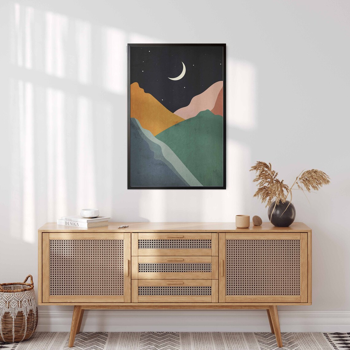 Moon Mountain Modern Bedroom Poster Print, Boho