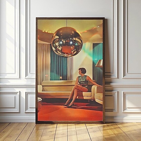 Retro 70s Disco Lounge Woman Under a Giant Mirror Ball Poster