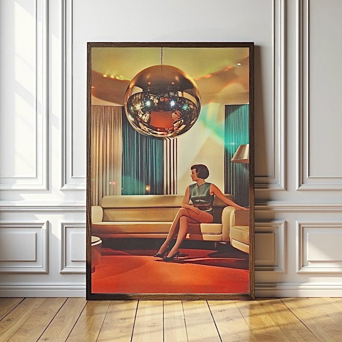 Retro 70s Disco Lounge Woman Under a Giant Mirror Ball Poster