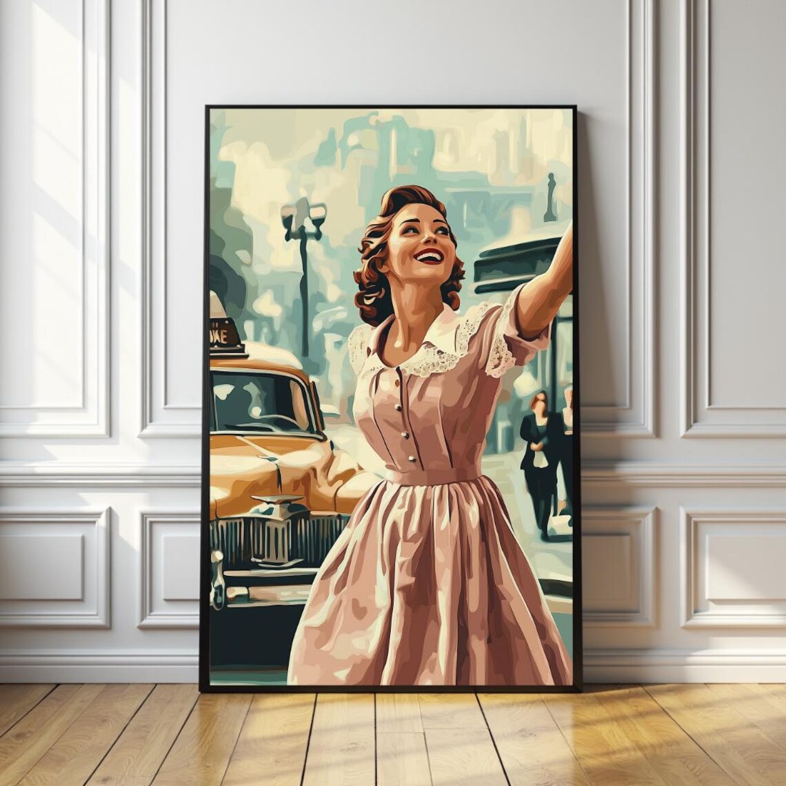 1950s Woman Hailing a Yellow Taxi in a Vintage City Scene Poster