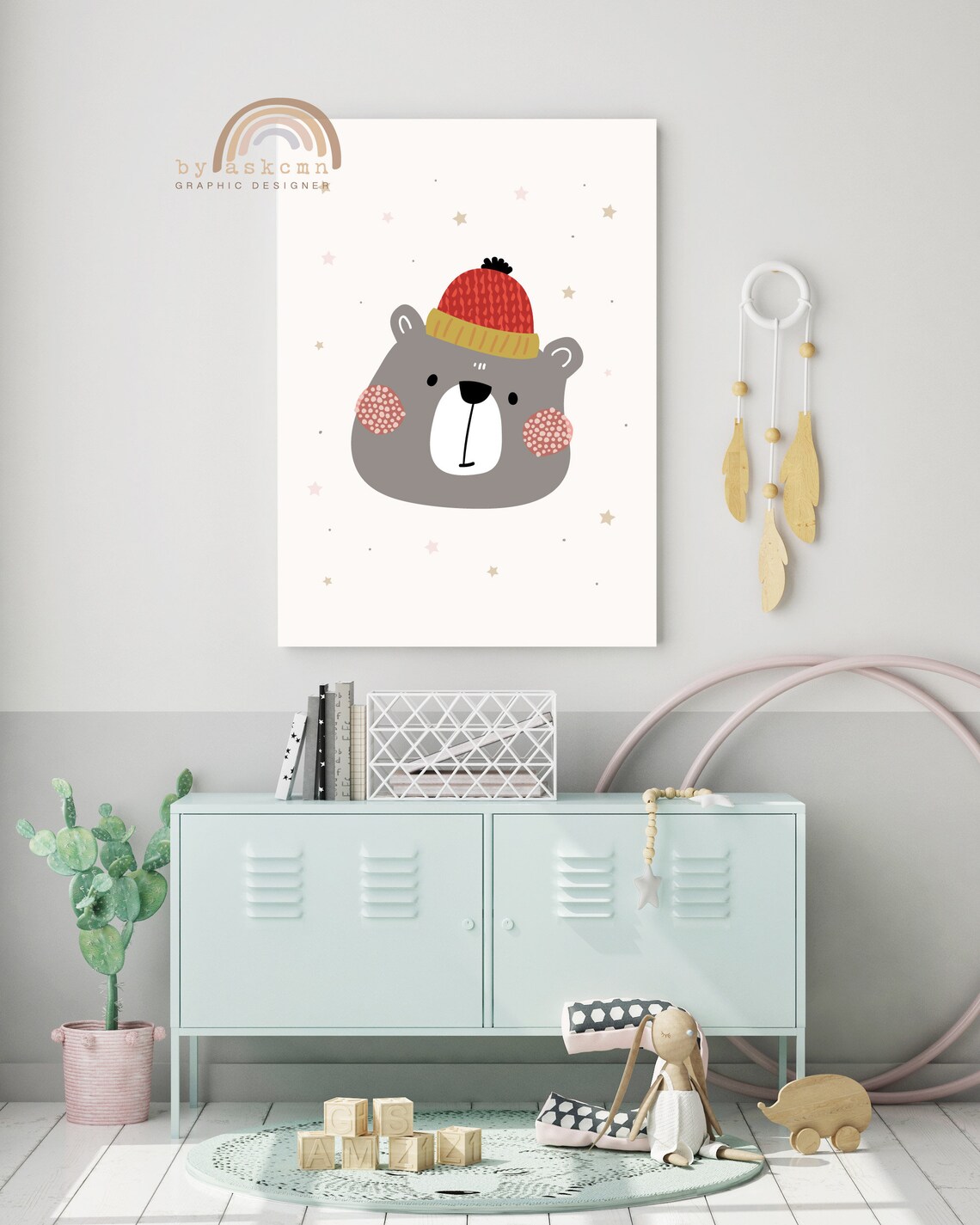 Cozy Gray Bear Red Beanie Winter Style Cute Nursery Animal Wall Decor Poster - Image 5