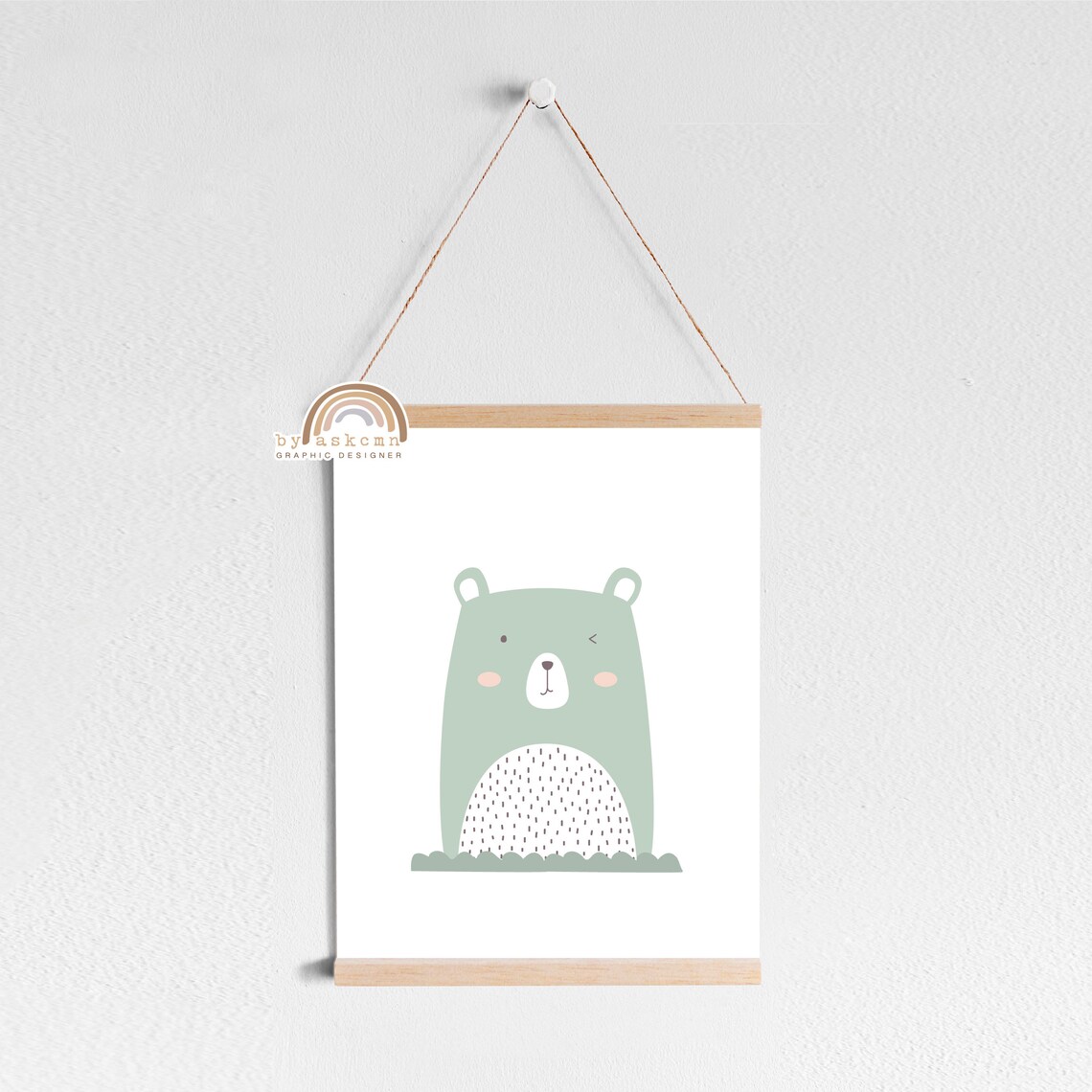 Sage Green Winking Bear Nursery Animal Minimalist Decor Poster - Image 2