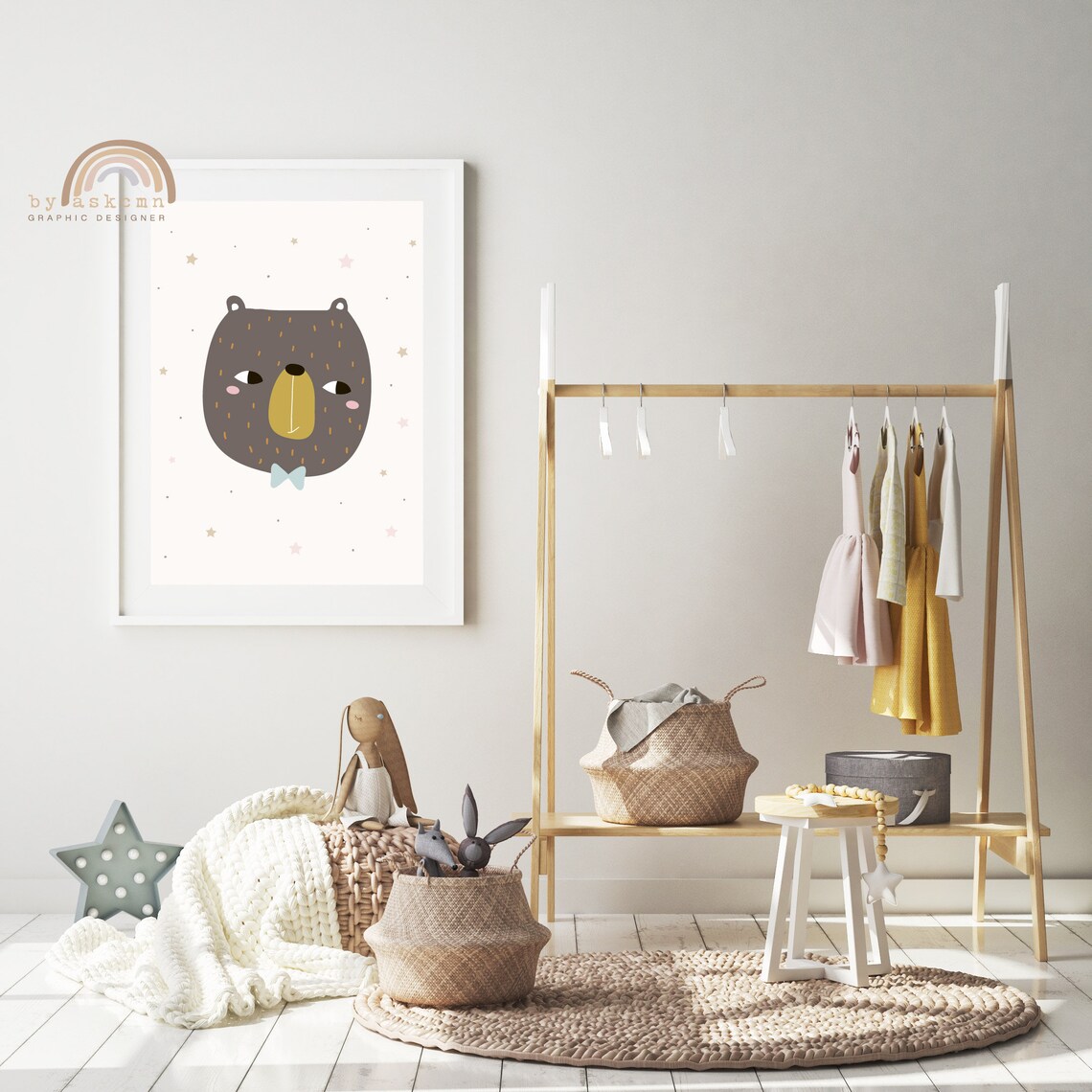 Dark Brown Bear Bow Tie Sleepy Eyes Cute Nursery Animal Wall Decor Poster - Image 4