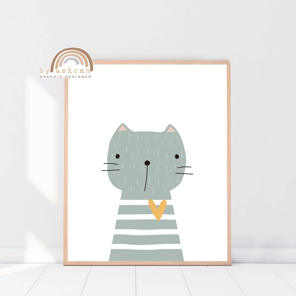 Cute Gray Cat With Striped Sweater And Heart Nursery Decor Poster - Image 5