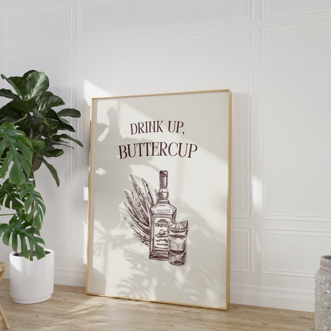Drink Up Buttercup Tequila Shot Sketch Funny Bar Cart Cheers Poster - Image 2