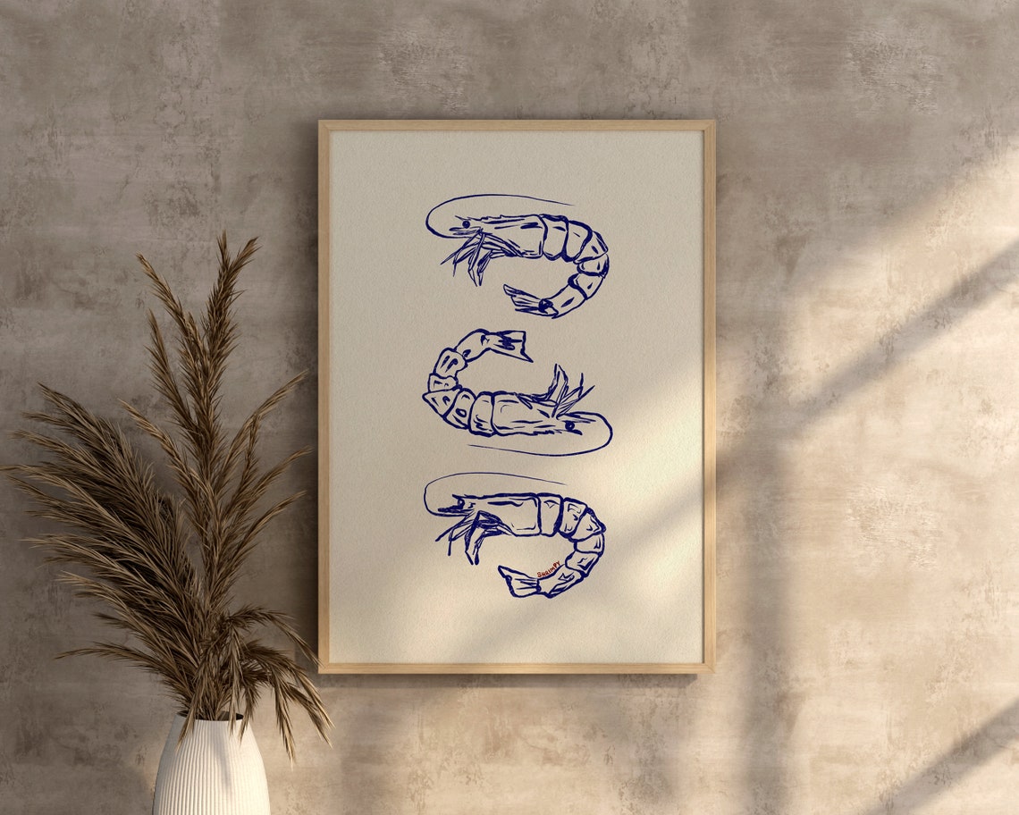 Blue Line Shrimp Trio Minimal Seafood Kitchen Illustration Poster