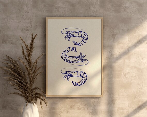 Blue Line Shrimp Trio Minimal Seafood Kitchen Illustration Poster