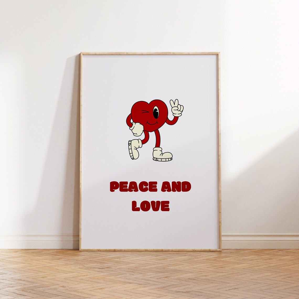 Peace and Love Red Retro Cartoon Heart Winking Valentines Poster