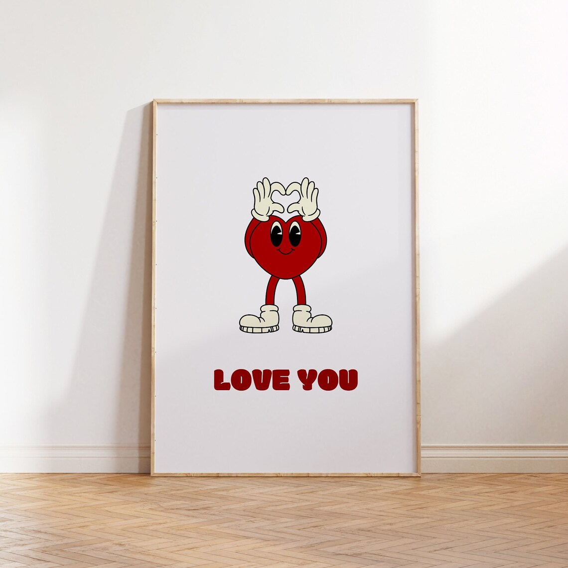 Love You Red Retro Cartoon Heart Hands Sweet Valentines Day Poster
