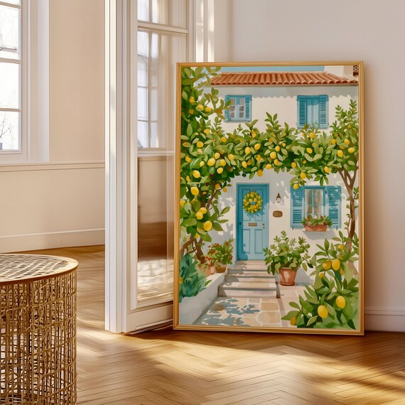 Amalfi Coast Lemon House Watercolor Poster with Mediterranean Blue Shutters