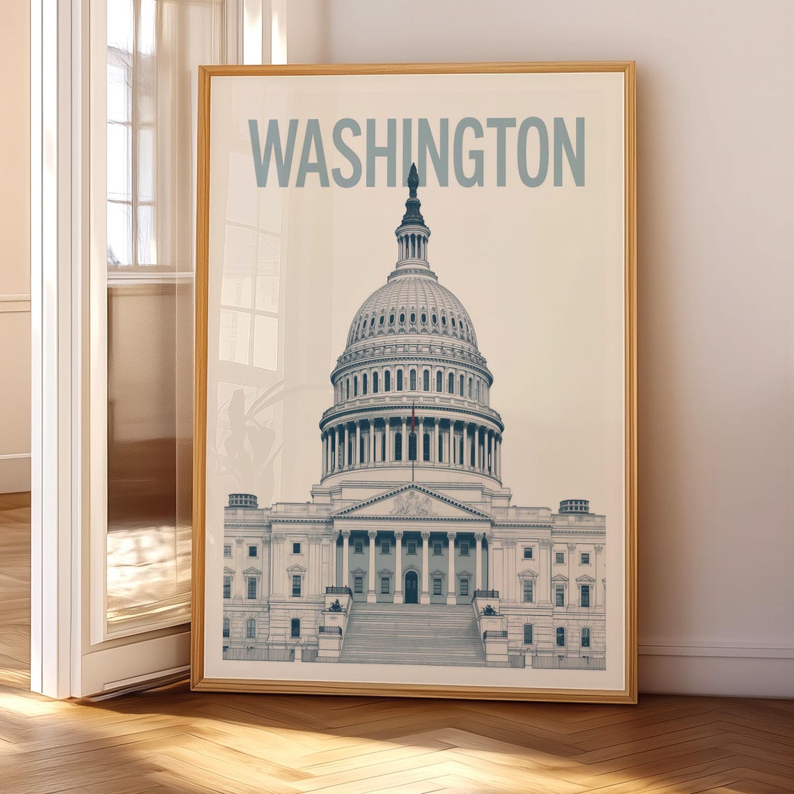 Washington DC Capitol Building Vintage Illustration Travel Poster