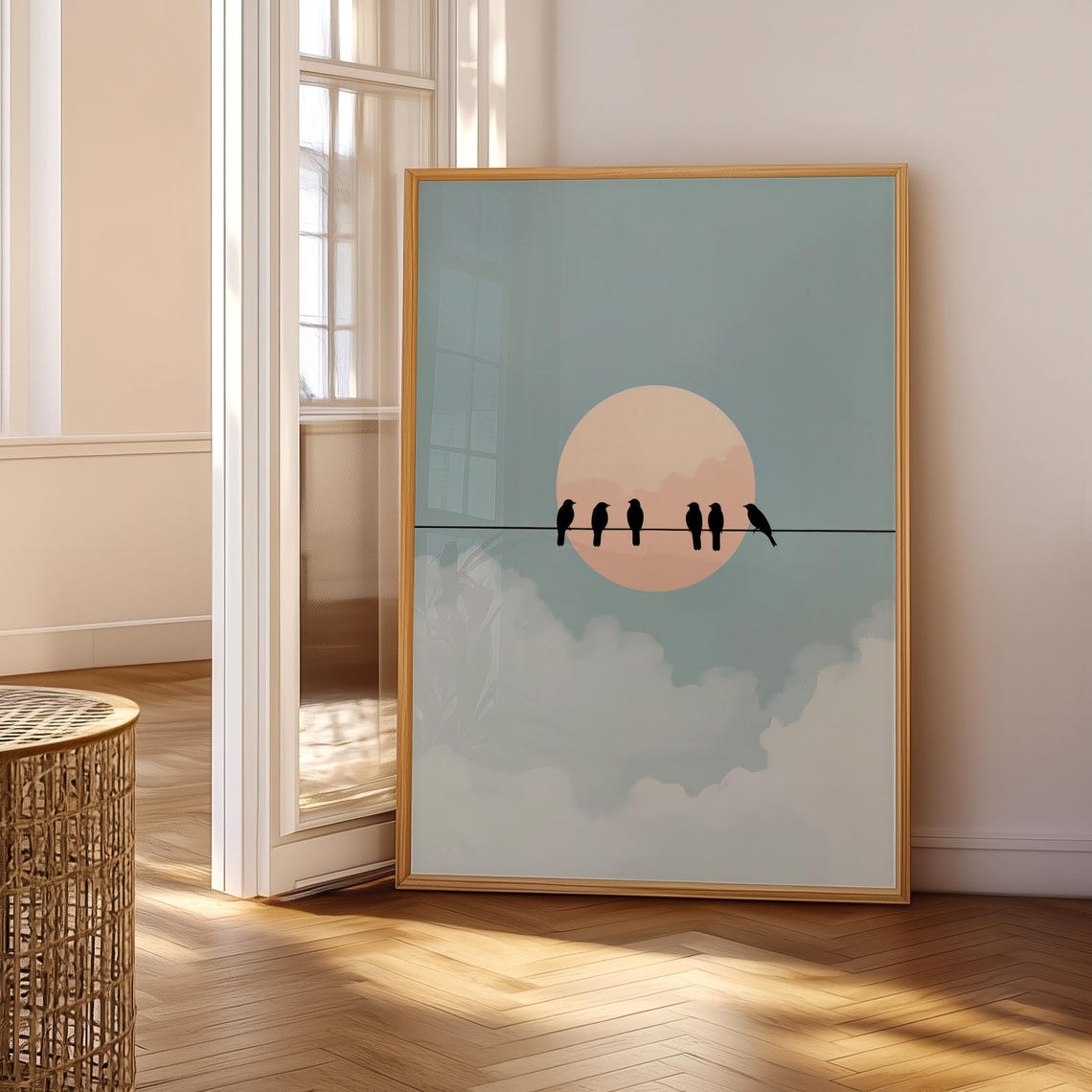 Six Birds on a Wire Pastel Minimalist Sunset Art Print with Big Sun