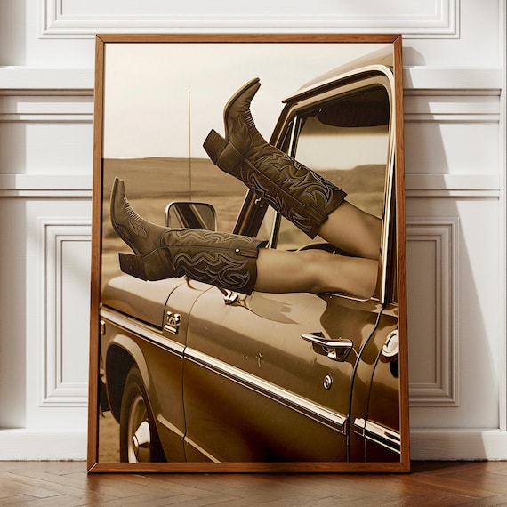 Vintage Cowgirl Boots Kicking Out of Pickup Window Sepia Fashion Print