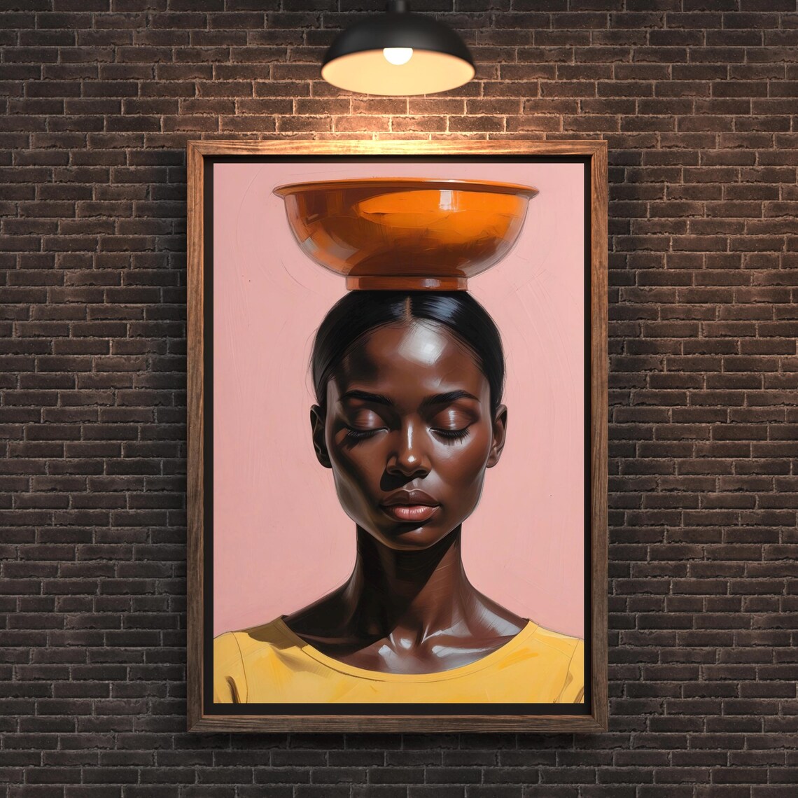African Woman with Bowl on Head Minimalist Portrait Art Print in Pink