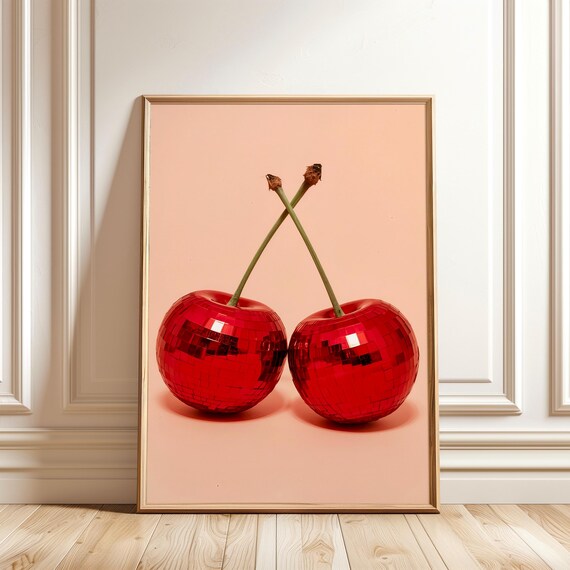 Disco Ball Cherries Red Mirrorball Trendy Fruit Kitchen Poster