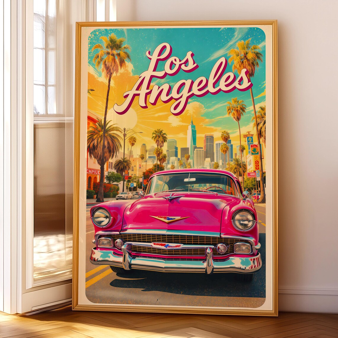 Retro Los Angeles Pink Classic Car Palm Trees Vintage Travel Poster