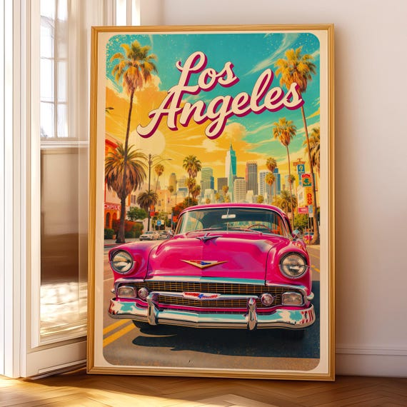 Retro Los Angeles Wall Art Vintage Pink Car Poster Palm Trees Sunset Cityscape Travel