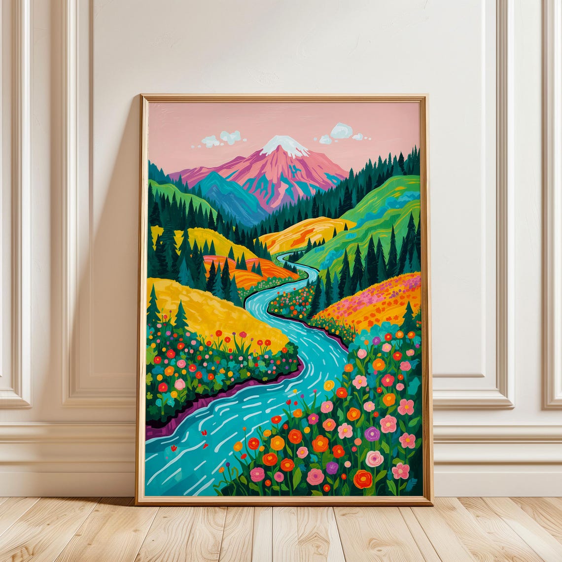 Colorful Floral Mountain River Valley Nature Illustration Wall Art