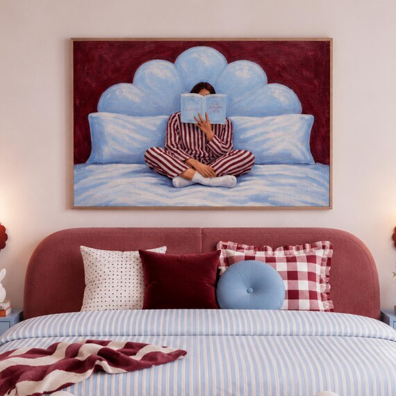 Woman Reading In Bed Blue Red Oil Painting Cozy Bedroom Wall Art